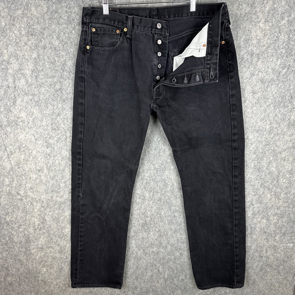 Levis 501 Jeans Mens 36x32 Black Straight Button Fly Mid Rise Dark Wash Denim